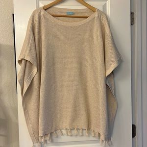J McLaughlin Cotton Poncho in Beige with Tassel Fringe OS